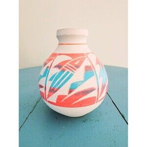 Acevloza Mexico Pottery Vintage Flower Vase Sgraffito Geometric Design Signed